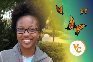 Photo of a Student with butterflies and the VC Icon