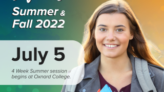 College student holding a folder smiling. Text that reads: Define Your Future summer & fall 2022 July 5 4 Week Summer session begins at Oxnard College.