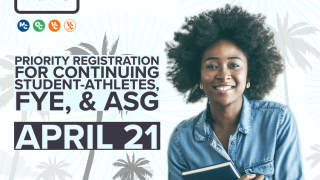 Student kneeling holding a book in front of beach background with palm trees; Summer & Fall 2023, Priority Registration for continuing student-athletes, FYE, & ASG, April 21