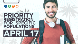 Student standing confidently in front of beach background with palm trees; Summer & Fall 2023, Priority Registration for Specific Populations, April 17