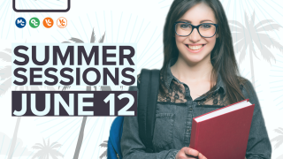 Young female college student with a backpack and a large text book. Palm trees in the background. Text that reads: Summer Sessions June 12. Summer & Fall 2023 MC OC VC VCEC