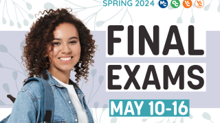 Text “Spring 2024. Final Exams. May 10-16”. VCCCD logos above text. Image of student carrying a backpack and holding notebooks.