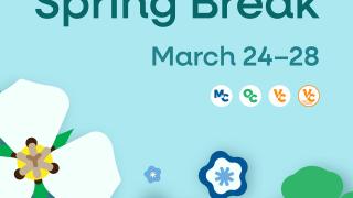"Spring Break. No classes in session March 24-28." Four VCCCD logos under text. Illustration of spring flowers on left of text.