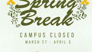 Holiday-themed graphic with yellow flowers and on the sides and bottom. In the center, large decorative text reads “Spring Break” with smaller text underneath that says “March 27 – April 3.” Five circular campus icons appear at the bottom, representing the District Office, Moorpark College, Oxnard College, Ventura College, and Ventura College East Campus.