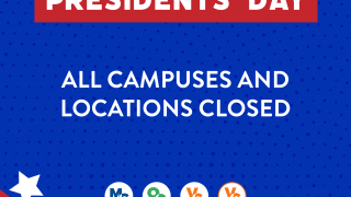 “Celebrating Presidents’ Day. All campuses and locations closed” VCCCD logos beneath text. Motifs inspired by American flag surround image.