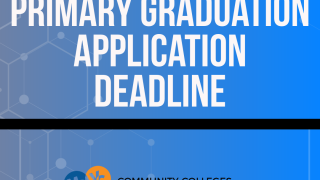 Graphic with a blue gradient background and faint geometric hexagon patterns. Large white text reads "Primary Graduation Application Deadline." At the bottom are the logos for Moorpark College, Oxnard College, Ventura College, and Ventura College East Campus with the label 'Community Colleges of Ventura County