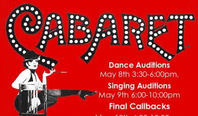 Auditions for Cabaret on red background. logo and 1920&#039;