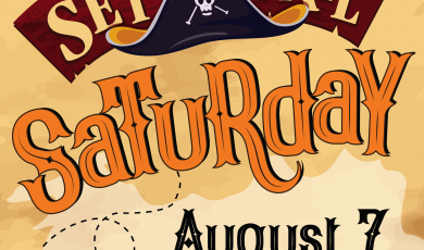 Illustration of a treasure map and a pirate hat. Text that r Illustration of a treasure map and a pirate hat. Text that r