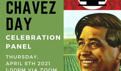 Illustration of Cesar Chavez, the VC MEChA logo, and text th