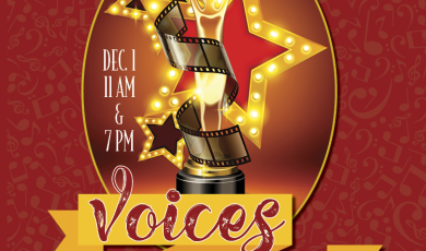 Voices from the Red Carpet Red background with Oscar statue 