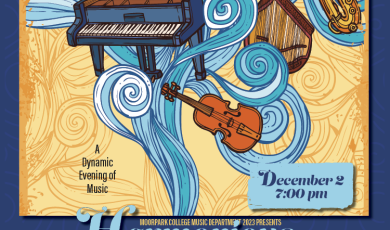 Harmonious Journeys, floating instruments on blue and yellow