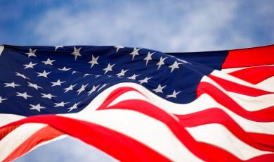American Flag waving in the sky.