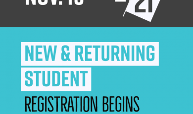 Graphic with text that reads: Nov 16 New & Returning Student Registration Begins Spring 2021
