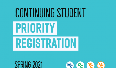 Graphic with text that reads: Nov. 2 Continuing Student Priority Registration Spring 2021
