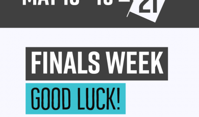 Graphic with college logos are the bottom and text that reads: May 13 - 19 20/21 Finals Week Good Luck! Spring 2021