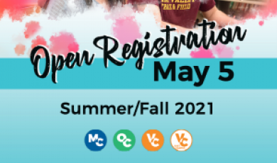 Two college students smiling and text that reads: Open Registration May 5 Summer/Fall 2021