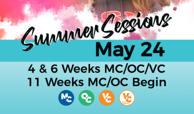 University transfer student and text that reads: Summer Sessions May 24 4 & 6 Weeks MC/OC/VC 11 Weeks MC/OC Begin