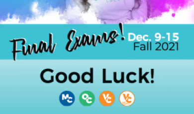 District alumni and text that reads: Final Exams! Good Luck! Dec. 9-15 Fall 2021