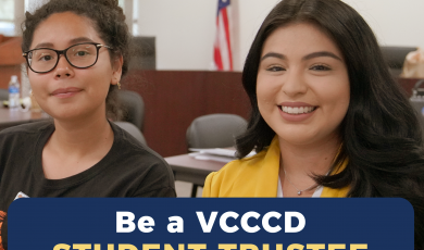 Student Trustee Jessica Martinez and ASVC member sitting in the boardroom smiling. Text that reads: Be a VCCCD Student Trustee. Make a difference for students at all VCCCD campuses.