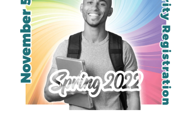 Male college student wearing a backpack and holding laptop with a rainbow background. Text that reads: Discover Spring 2022 November 5 Priority Registration for Student Athletes and FYE
