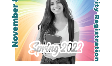Young female college student holding a notebook and wearing a backpack with a rainbow background. Text that reads: Discover Spring 2022 November 8 Priority Registration Continuing Students (under 90 units)