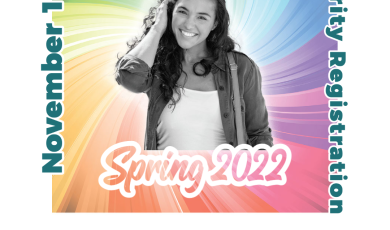 Young female college student looking upward with a rainbow background. Text that reads: Discover Spring 2022 November 10 Priority Registration Dual Enrollment for High Schools at the Colleges