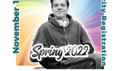 Young male college student in a wheel chair wearing a pair of headphones and a rainbow in the background. Text that reads: Discover Spring 2022 November 15 Priority Registration New & Returning Students