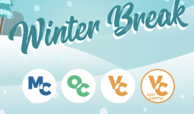 A snowy scene, four circle logos, and text that reads: Time for Winter Break Dec. 16 - Jan. 9 Classes Start January 10