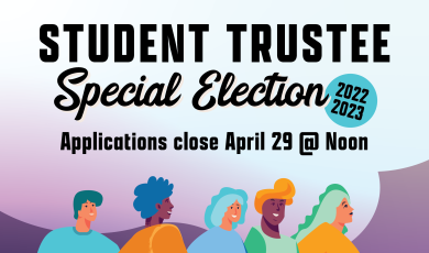 Illustration of a group of diverse people walking together. Text that reads: Student Trustee Special Election 2022 2023 Applications close April 29 @ Noon
