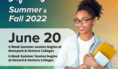 College student with glasses smiling while holding notebooks. Text that reads Define Your Future Summer & Fall 2022 June 20 Summer Sessions info.