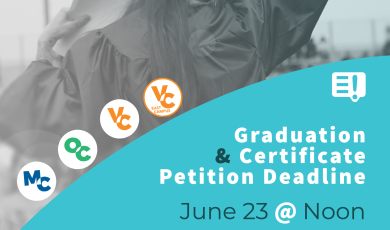 Graduate seen from behind holding a hand in the air. Text that reads Graduation & Certificate Petition Deadline June 23 @ noon