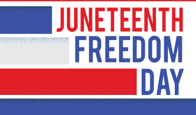 Image: VCCCD Celebrates Juneteenth Freedom Day over background of horizontal stripes in red, blue, and white