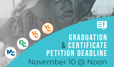 Graduation & Certificate Petition Deadline: November 10 at Noon; Moorpark College, Oxnard College, Ventura College, VC East Campus; image of the back of a student in her graduation cap and gown waving her hand to the attendees in stadium stands.