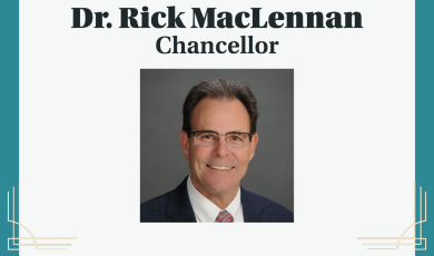Ventura County Community College District Board of Trustees invites the community to a welcome reception for Dr. Rick MacLennan Chancellor; Dr. Rick MacLennan, a smiling man with dark brown hair wearing a black suit and tie with glasses in front of a slate gray background