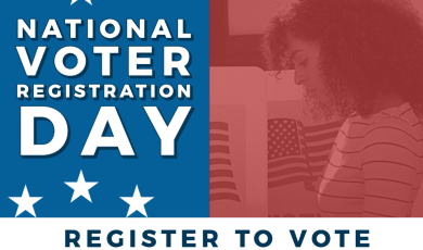National Voter Registration Day; Register to Vote at RegisterToVote.CA.GOV; Left: blue background with white stars, Right: woman with curly hair voting in front of an American Flag