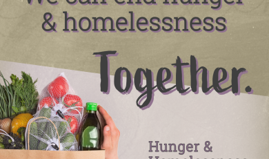 Hands holding a paper bag filled with groceries with text "We can end hunger & homelessness Together. Hunger & Homelessness Awareness Week"