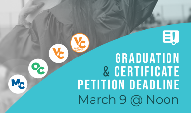 Graduate seen from behind holding a hand in the air. Text that reads Graduation & Certificate Petition Deadline March 9 @ noon