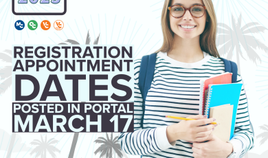 Young female college student with blonde hair wearing glasses and a backpack while holding several notebooks. Palm trees in the background. Text that reads: Summer & Fall 2023 Registration Appointment Dates Posted in Portal March 17