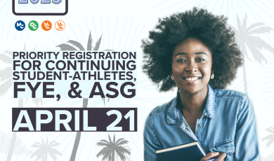 Student kneeling holding a book in front of beach background with palm trees; Summer & Fall 2023, Priority Registration for continuing student-athletes, FYE, & ASG, April 21