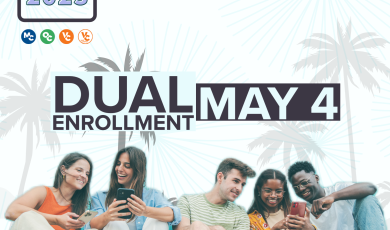 Group of students smiling and sharing photos on their phones in front of beach background with palm trees; Summer & Fall 2023, Dual Enrollment, May 4