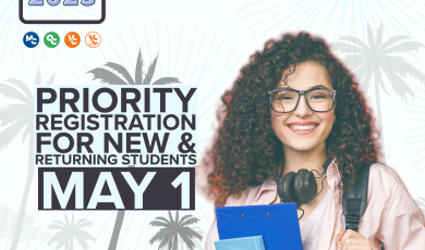 Student holding a notebooks and a backpack in front of beach background with palm trees; Summer & Fall 2023, Priority Registration for New & Returning Students, May 1