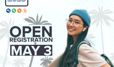 Student wearing a blue beanie holding a laptop and a backpack in front of beach background with palm trees; Summer & Fall 2023, Open Registration, May 3