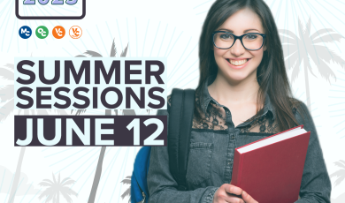 Young female college student with a backpack and a large text book. Palm trees in the background. Text that reads: Summer Sessions June 12. Summer & Fall 2023 MC OC VC VCEC