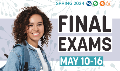 Text “Spring 2024. Final Exams. May 10-16”. VCCCD logos above text. Image of student carrying a backpack and holding notebooks.