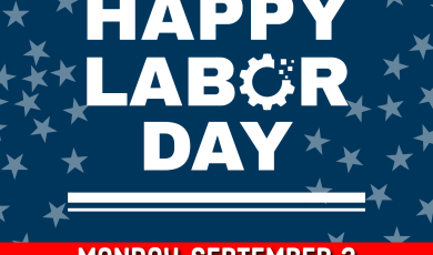 Blue Background with faded white stars. Text saying "Happy Labor Day". The "o" is replaced with a gear icon. Text reads "Monday, September 2" with a red background. On the bottom shows each college name with their respective school color