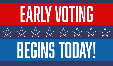 Graphic announcing the start of early voting with bold text saying 'Early Voting Begins Today!' on a dark blue background. The design features red, white, and blue bars with white stars in between. The logo for Community Colleges of Ventura County is in the bottom left corner.