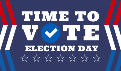 Graphic with bold text saying 'Time to Vote' with a blue checkmark inside the letter 'O' and 'Election Day' below. The background features red, white, and blue stripes, and five white stars. The bottom right corner displays the logo of the Community Colleges of Ventura County.