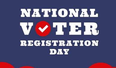Graphic promoting National Voter Registration Day with bold white text on a dark blue background. The word 'Voter' features a red checkmark inside the letter 'O'. The logo for Community Colleges of Ventura County appears at the bottom.
