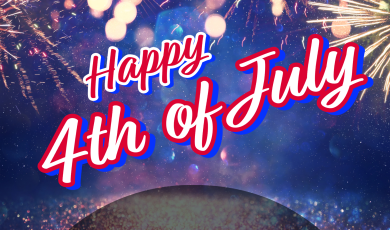 A festive graphic with colorful fireworks in the night sky, displaying the message "Happy 4th of July." 