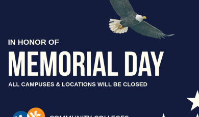 Memorial Day graphic with a flying bald eagle, red and white diagonal stripes, and white stars on a dark blue background. Text reads: “In Honor of Memorial Day – All Campuses & Locations Will Be Closed.” At the bottom, the Community Colleges of Ventura County logo is displayed.